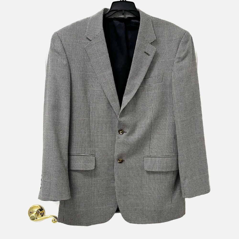 Jos. A Bank Black Gray Houndstooth Blazer Silk Wool Sport Coat Jacket 40R